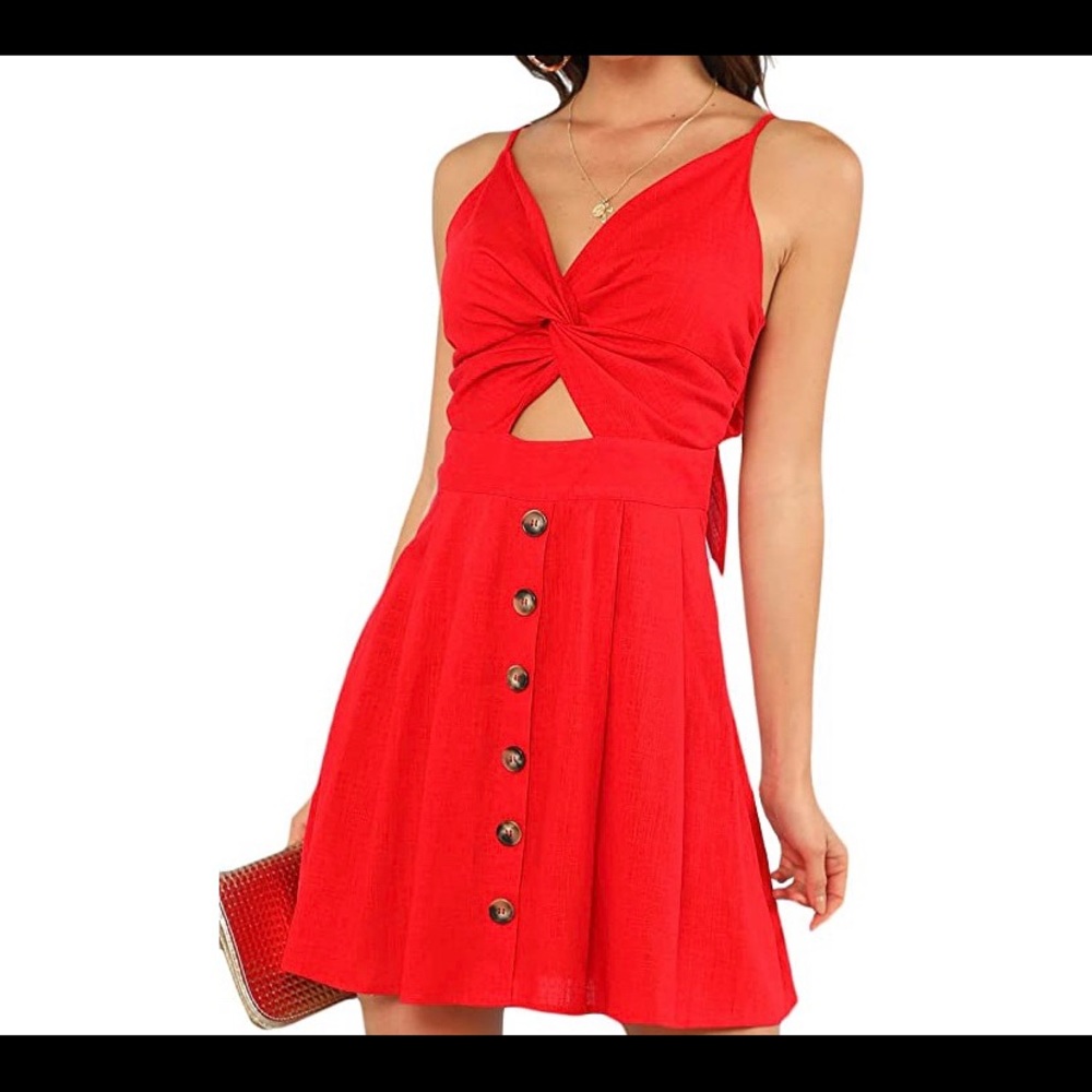 Red linen tie dress